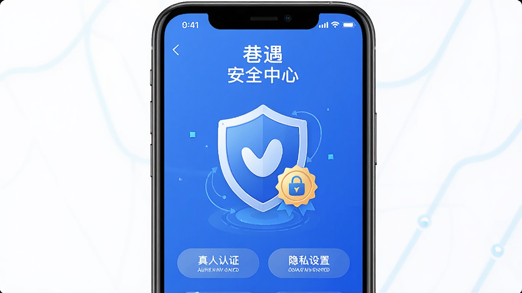 手机屏幕显示“巷遇”安全中心界面,主体为盾牌图标与认证徽章,布局为居中对称,风格为安全防护主题,细节包括“真人认证”“隐私设置”等文字,画质高清,干净,无多余元素