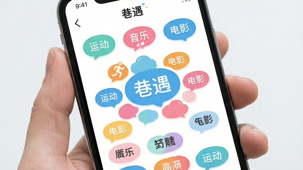 手机屏幕显示兴趣标签选择界面,标签以彩色气泡形式排列,主体为“巷遇”应用中的标签云,布局为网格状,排版活泼,风格为清新浅色,细节包括“运动”“音乐”“电影”等文字,画质高清,干净,无多余元素