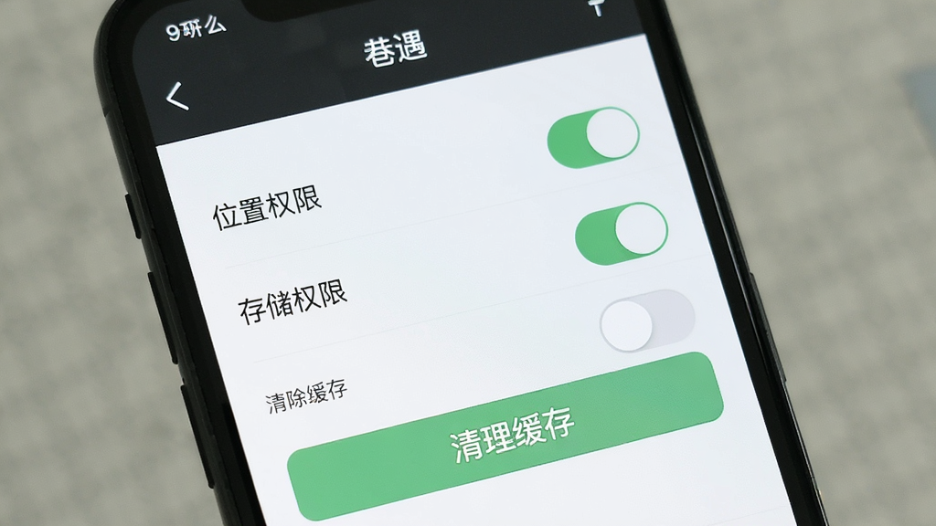 手机屏幕显示“巷遇”设置界面,主体为权限开关与清理缓存按钮,布局为列表式,风格为清爽素雅,细节包括“位置权限”“存储权限”“清除缓存”等文字,画质高清,干净,无多余元素