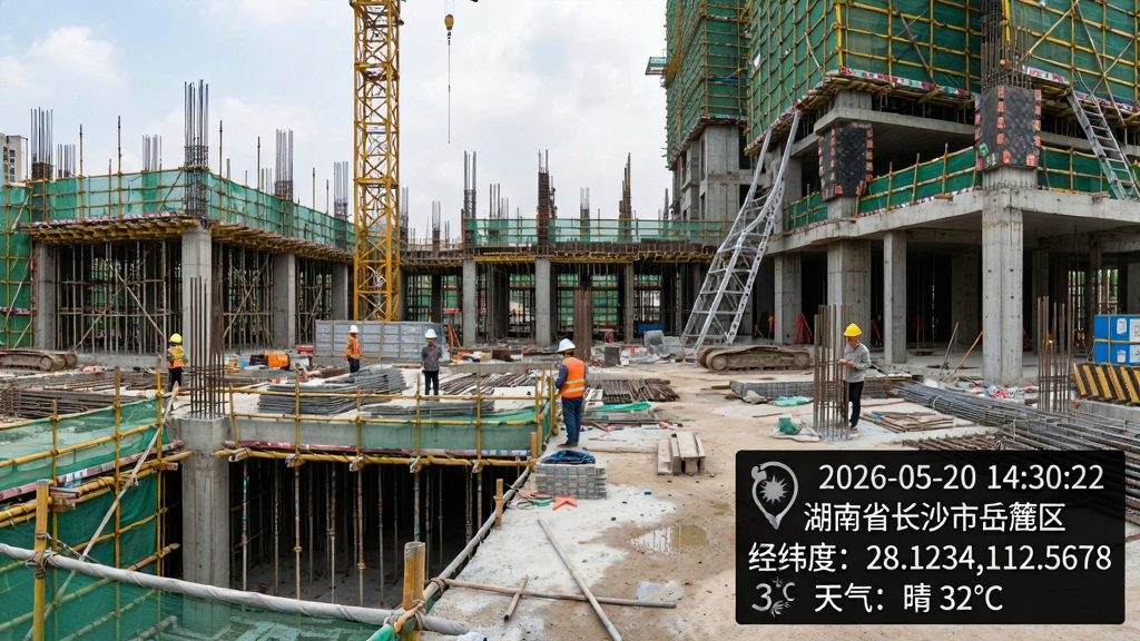 今日侠水印相机水印效果展示图,画面为一张建筑工地现场照片,照片右下角叠加半透明黑色底纹水印条,水印文字包含“2026-05-20 14:30:22”“湖南省长沙市岳麓区”“经纬度:28.1234,112.5678”“天气:晴 32℃”等信息,布局整齐,风格写实,细节清晰,画质高清,干净,无多余元素