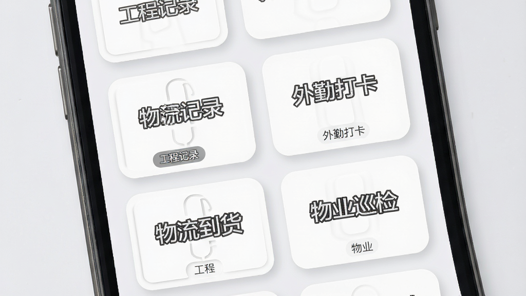 今日侠水印相机水印模板选择界面,画面展示手机屏幕内网格状排列的多个水印样式缩略图,缩略图分别标注“工程记录”“外勤打卡”“物流到货”“物业巡检”等标签,背景为浅灰色,布局整齐,风格为现代移动应用卡片式设计,细节包含圆角与阴影,画质高清,干净,无多余元素