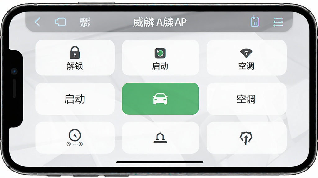 威麟APP操作界面截图,画面展示手机屏幕上的车辆控制面板,包含解锁、启动、空调等按钮,布局整齐,风格简洁,细节清晰,画质高清,干净,无多余元素