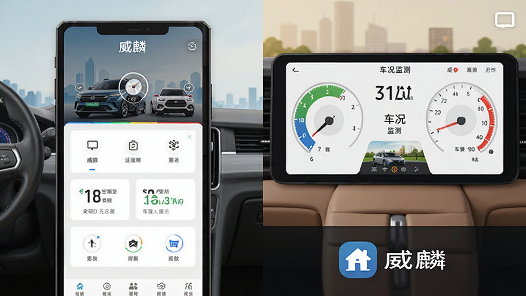威麟APP功能展示图,画面左侧展示远程控制界面,右侧展示车况监测仪表盘,底部有社区图标,整体布局分栏清晰,风格扁平化设计,细节丰富,画质清晰,干净,无多余元素,图片中文字标注“威麟”