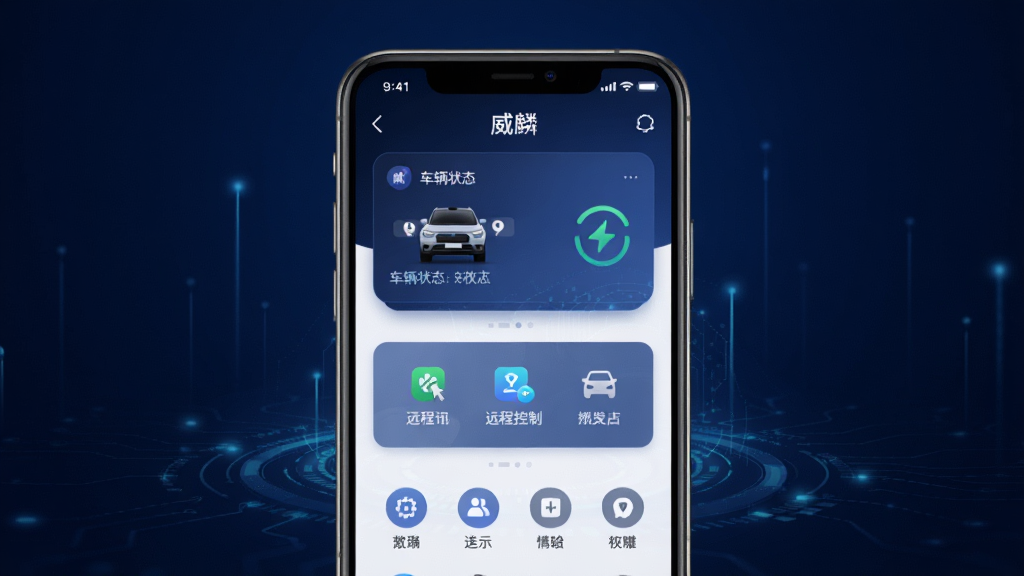 威麟手机APP主界面展示,画面中央是一部智能手机,屏幕上显示威麟应用首页,包含车辆状态卡片、远程控制按钮和功能图标,背景为深蓝色科技感渐变,主体清晰,布局居中,排版简洁,风格现代科技,细节精致,画质高清,干净,无多余元素