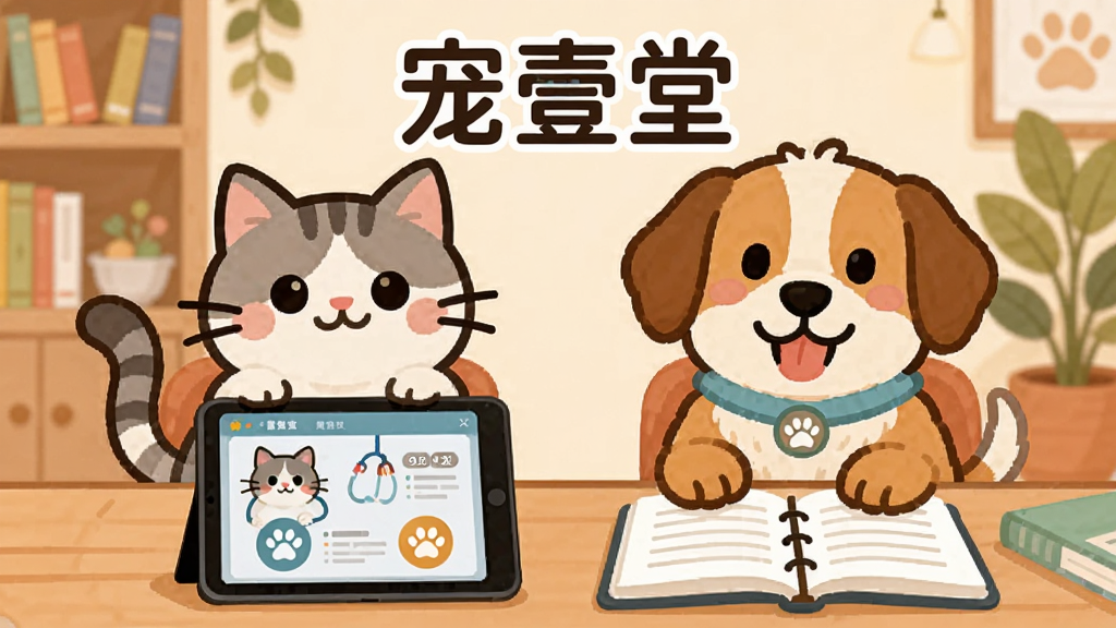 一只卡通风格的宠物猫和一只宠物狗并排坐在书桌前,面前摆放着平板电脑和笔记本,屏幕上显示着兽医知识图表,背景是温馨的室内学习场景,画面中央上方有醒目的文字
