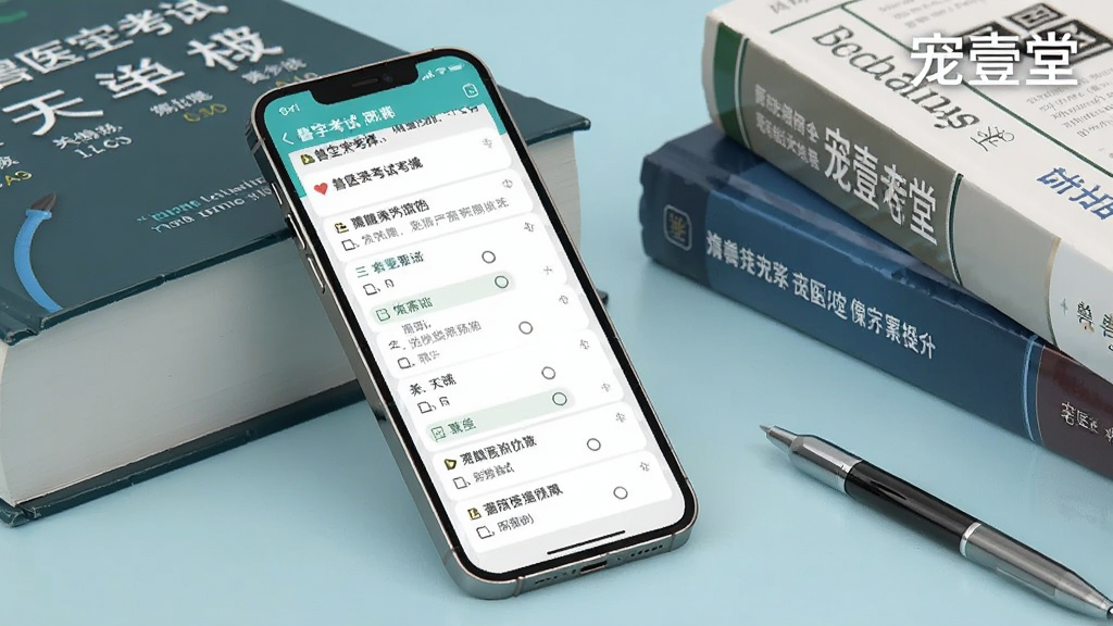 画面主体为一部智能手机,屏幕中展示着兽医考试选择题界面,题目文字清晰可见,手机旁边散落着几本厚重的兽医专业书籍和一支笔,背景为简洁的浅蓝色桌面,画面右上角有