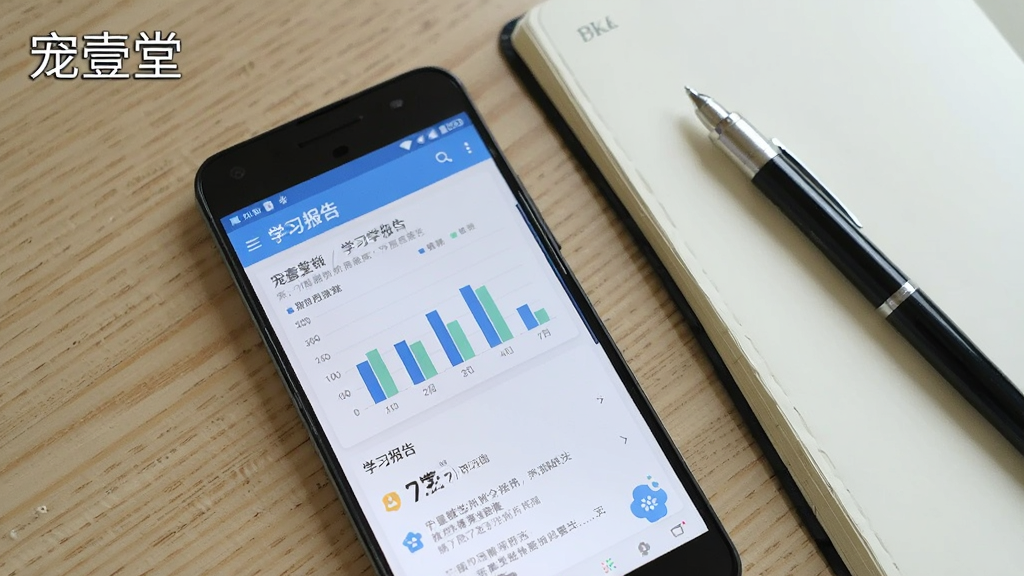 一部安卓手机屏幕显示宠壹堂软件的学习报告页面,页面中有柱状图和文字数据,手机旁边放着一本打开的笔记本和一支笔,背景为浅色木纹桌面,画面左上角有