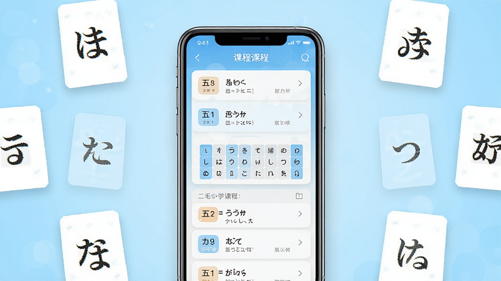 一张展示二毛日语手机应用主界面的预览图,画面中央放置一部智能手机,屏幕显示日语学习课程列表与五十音图入口,背景为浅蓝色渐变,四周环绕日语假名和单词卡片元素,整体风格清新简洁,排版居中对称,细节清晰,画质干净明亮,无多余装饰元素