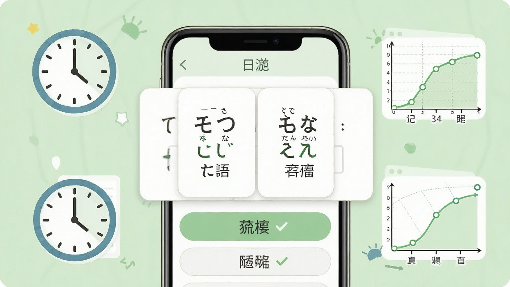 一张展示二毛日语单词记忆功能的图片,画面以手机屏幕为中心,屏幕中显示单词卡片与选择题选项,卡片上有日语单词、假名注音和中文释义,周围环绕时钟图标与记忆曲线图表,背景为淡绿色,风格清新学习风,排版整齐,细节清晰,画质干净明亮