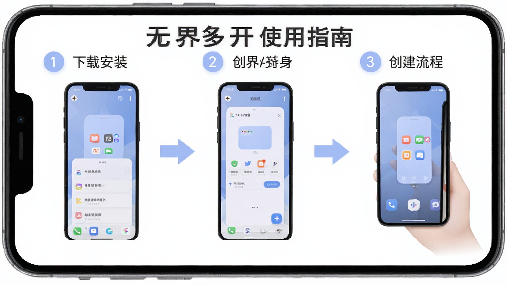 一幅展示无界多开操作步骤的流程图,画面以手机屏幕为载体,分步骤展示从下载安装到创建分身的完整过程,每一步用数字标注,风格简洁直观,色彩柔和,细节清晰,画质干净,无多余装饰元素,图片中打上文字“无界多开使用指南”