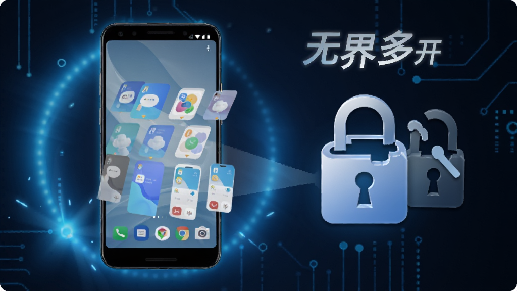 一幅展示无界多开免Root功能的示意图,画面中一部安卓手机正在生成应用分身,手机旁边有一个锁形图标被打开,表示无需Root权限,背景是科技感十足的蓝色光晕,整体风格简洁现代,细节上突出安全与便捷,画质清晰,干净无杂乱元素,图片中打上文字“无界多开”