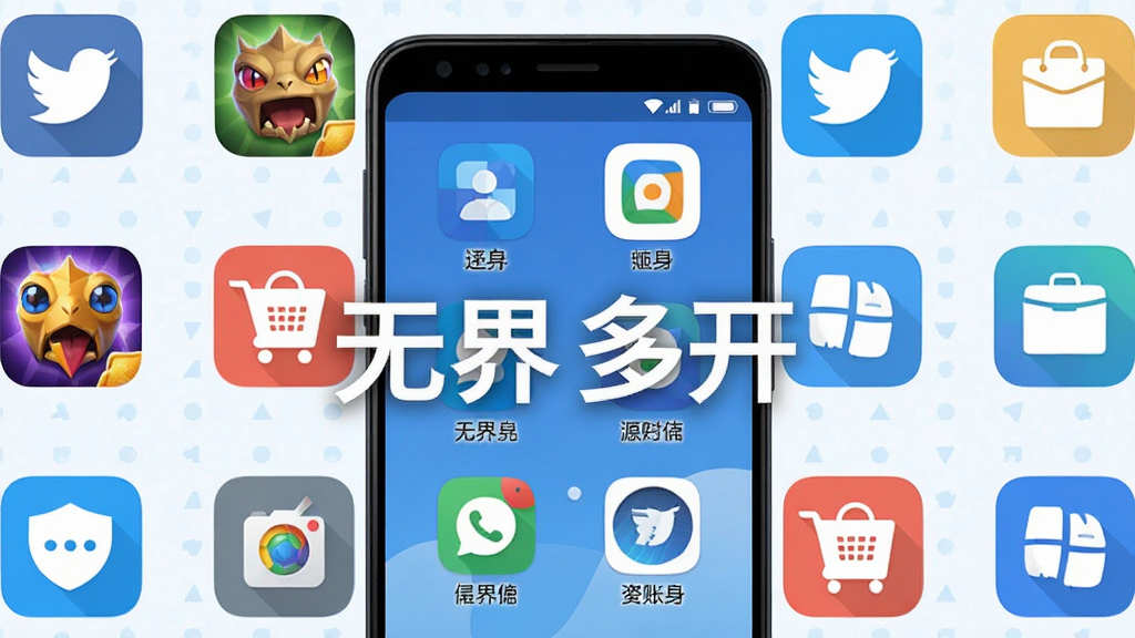 一幅展示无界多开软件界面的概念图,画面中央是一部安卓手机,手机屏幕上显示着多个应用图标整齐排列,每个图标下方标注着不同的账号标签,手机周围环绕着社交、游戏、购物等应用图标,整体布局简洁明快,采用扁平化设计风格,色彩以蓝白为主调,细节上突出分身与多账号管理的概念,画质清晰干净,无多余元素,图片中打上文字“无界多开”