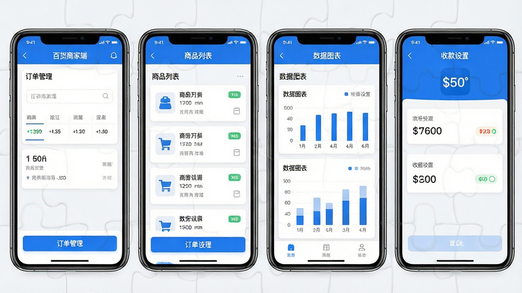 百货商家端功能界面拼图展示,主体为四部手机并排排列,分别展示订单管理、商品列表、数据图表、收款设置四个页面,布局为横向平铺,排版整齐,风格为现代扁平化UI设计,细节包括蓝色主色调按钮、白色卡片背景、简洁图标,画质高清,干净无杂乱元素,画面中带有