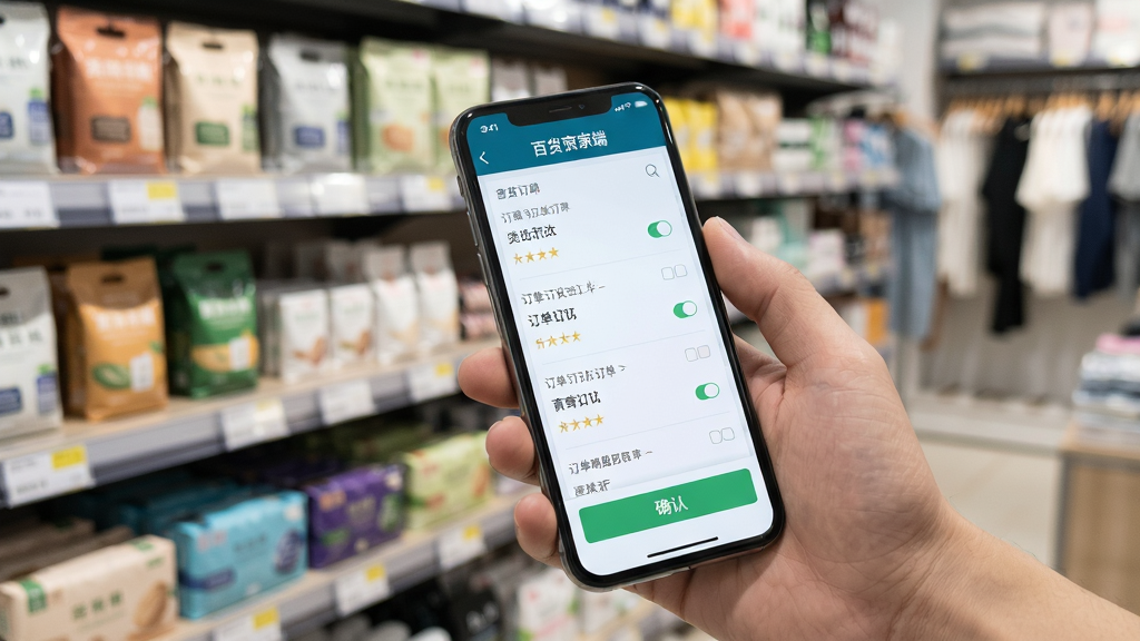 百货商家端移动端操作场景,一只手拿着手机展示订单处理页面,背景为百货商铺货架,主体突出手机屏幕内容,布局为近景特写,排版自然,风格为真实生活摄影感,细节包括货架上的日用商品、手机屏幕上的订单列表和确认按钮,画质清晰,干净整洁,画面中手机屏幕显示
