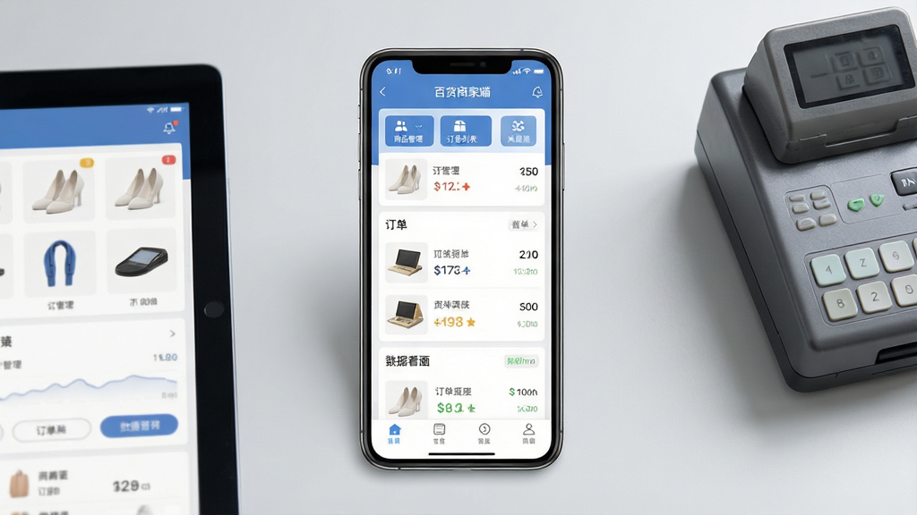 百货商家端软件主界面展示,一部智能手机屏幕中显示商品管理、订单列表、数据看板等模块,主体居中,背景为简洁的浅灰色办公桌面,平板电脑和收款盒子摆放在旁,排版为竖版手机应用截图风格,整体干净清爽,细节包括图标按钮、商品缩略图、订单数字标识,画质高清,文字清晰标注