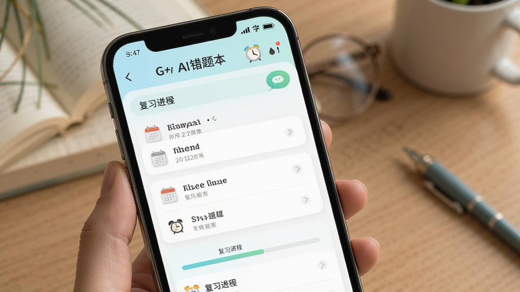 英语语法AI版错题本界面,手机屏幕显示分类错题列表和复习进度条,旁边有日历和闹钟图标,清新浅色风格,学习氛围浓厚,高清画质,无杂乱元素