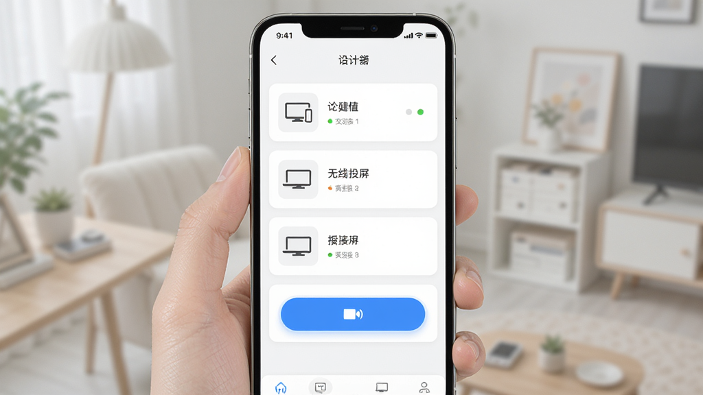 窝窝投软件一键无线投屏功能的界面展示,主体为手机端投屏操作界面,布局为居中显示设备列表,排版采用卡片式设计,风格为清新简约的扁平化UI,细节包括设备图标、连接状态指示、投屏按钮高亮显示,画质高清干净无多余元素
