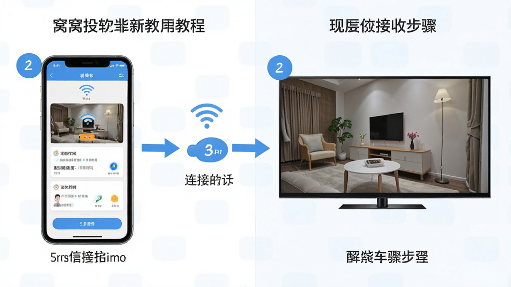 窝窝投软件新手使用教程示意图,主体为手机与电视连接操作步骤,布局为左右分栏,左侧为手机操作界面截图,右侧为电视接收界面,排版按步骤编号排列,风格为教程类信息图,细节包括WiFi图标、连接箭头、步骤序号,画质高清干净无多余元素