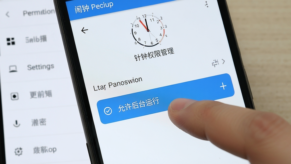 闹钟时钟权限设置界面展示,画面中一部安卓手机显示应用权限管理页面,手指正在点击“允许后台运行”选项,背景为简洁设置菜单,布局清晰,风格实用教程感,细节明确,画质高清,干净无多余元素