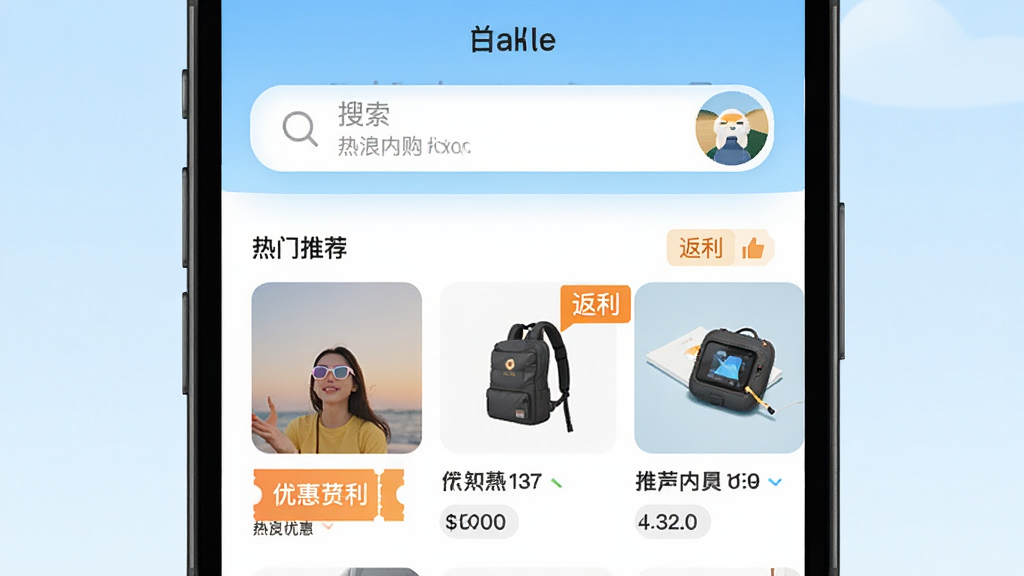 һ���ֻ���Ļչʾ�����ڹ�APP��ҳ���棬�����������������������Ʒ�Ƽ��б�������Ϊǳ��ɫ���䣬���岼�ּ�����������Ϊ��ƽ��UI��ƣ�ϸ�ڰ����Ż�ȯͼ��ͷ�����ǩ�����ʸ��壬����ɾ����޶���Ԫ��