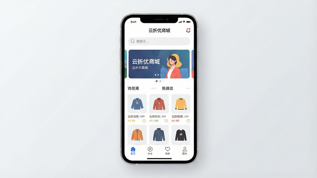 一张展示云折优商城手机应用界面的图片,主体为一部智能手机竖屏展示,屏幕内呈现商城首页布局,包含顶部搜索栏、中部轮播横幅广告位、下方商品网格列表与底部导航栏。布局采用居中构图,手机置于画面中央,背景为浅灰色渐变。排版清晰,风格为现代简约商业插画风。细节上手机边框圆润,屏幕内文字显示“云折优商城”字样,商品图标简洁明了。画质高清,画面干净,无多余元素。