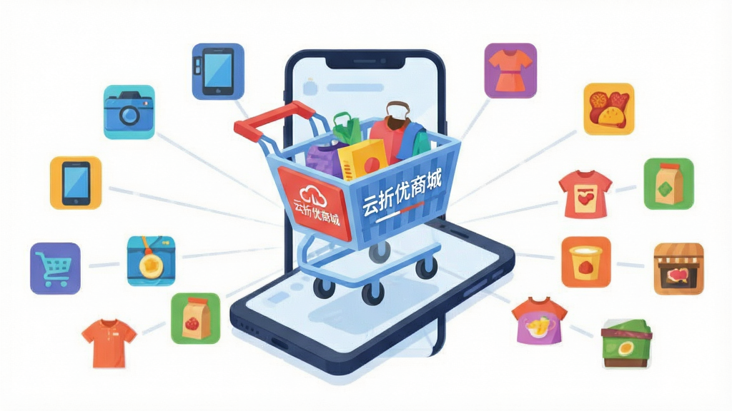 一张展示云折优商城商品聚合功能的插画,主体为一个虚拟购物车悬浮在手机屏幕上方,周围环绕着数码、服饰、食品等各类商品小图标。布局采用放射状排列,购物车居中,商品图标向外扩散。风格为扁平化科技插画。细节上购物车带有“云折优商城”标识,商品图标色彩鲜明。画质清晰,背景干净,无多余元素。