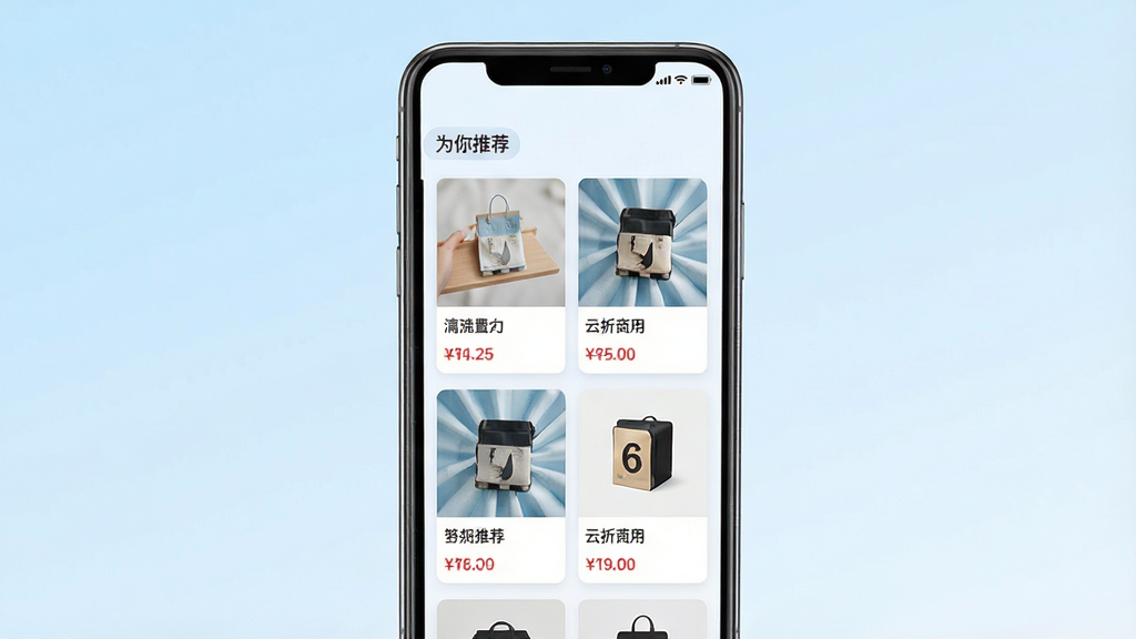 一张展示云折优商城个性化推荐功能的图片,主体为手机屏幕显示推荐商品瀑布流,屏幕上方有“为你推荐”标签,下方为多张商品卡片。布局为手机居中,背景为浅蓝色渐变。风格为清新UI展示风。细节上商品卡片包含图片、名称与价格,文字清晰。画质高清,画面干净,无多余元素。