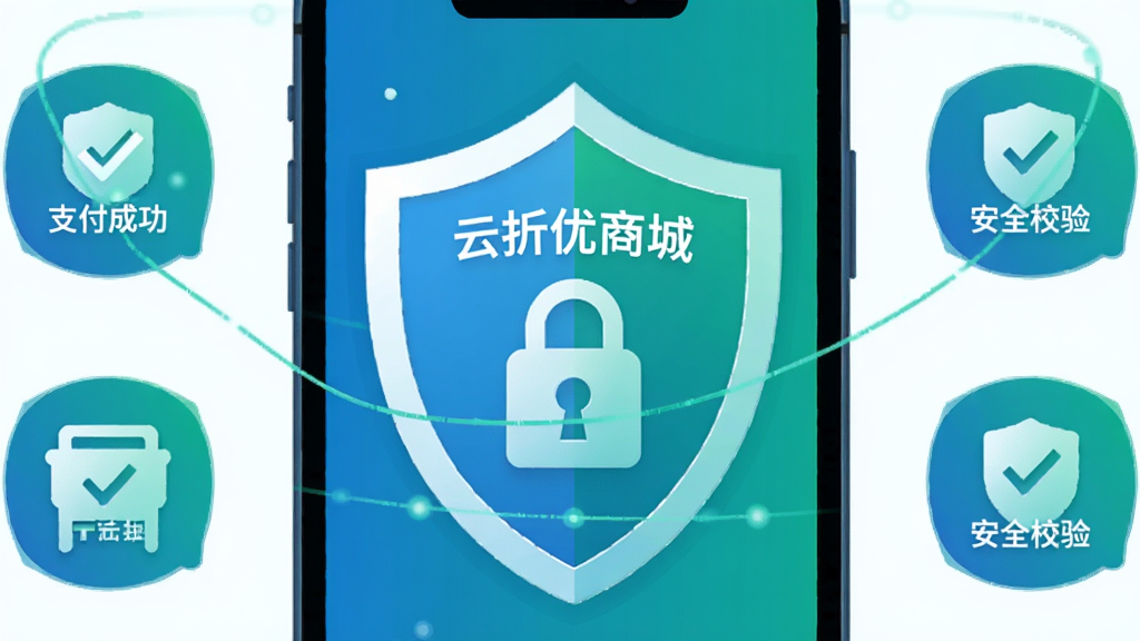 一张展示云折优商城安全支付功能的插画,主体为一个盾牌图标位于手机屏幕中央,盾牌内有锁形图案,周围环绕着支付成功、安全校验等小图标。布局为盾牌居中,图标环绕四周。风格为安全科技风。细节上盾牌带有“云折优商城”字样,色彩以蓝绿为主。画质清晰,背景干净,无多余元素。