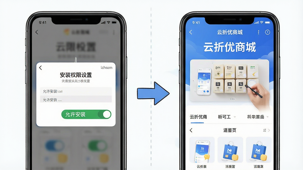 一张展示云折优商城新手操作指南的插画,主体为手机屏幕显示安装权限设置界面与APP首页对比,左侧为权限开关示意图,右侧为商城首页。布局为左右分屏,中间有箭头连接。风格为教程图解风。细节上权限界面标注“允许安装”,首页显示“云折优商城”字样。画质清晰,画面干净,无多余元素。
