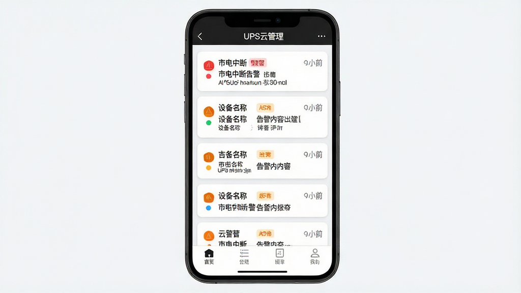 UPS云管理智能告警功能界面,主体为手机屏幕显示告警列表,布局为顶部标题栏中间告警卡片列表底部导航栏,排版为纵向滚动列表每条告警包含图标、设备名、告警内容、时间戳,风格为清爽浅色系扁平化设计,细节包括红色与橙色告警等级标签、灰色分隔线、白色圆角卡片、左侧彩色状态圆点,画质为高清2K,干净无多余元素,屏幕中文字显示