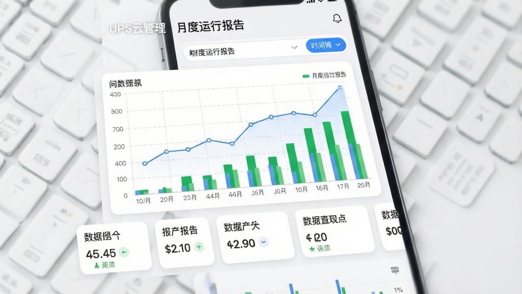 UPS云管理数据报表页面,主体为手机屏幕显示折线图与柱状图组合报表,布局为上方时间筛选栏中间图表区域下方数据摘要卡片,排版为图表占据主要视觉区域摘要卡片横向排列,风格为简约商务风格,细节包括蓝色折线、绿色柱状条、灰色网格线、白色背景、圆角数据卡片,画质为高清2K,干净无多余元素,屏幕中文字显示