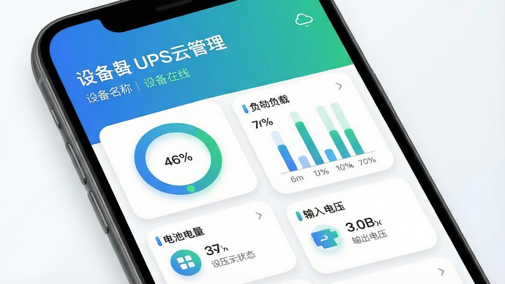 UPS云管理软件主界面展示,主体为一部智能手机屏幕,屏幕上显示UPS设备运行状态仪表盘,包含电池电量圆环、负载百分比柱状图、输入输出电压数值,布局为上下结构上方为设备名称与在线状态下方为数据卡片网格,排版整齐清晰,风格为现代科技扁平化设计,细节包括蓝色与绿色渐变配色、白色背景卡片、圆角图标、细微阴影,画质为高清2K,干净无多余元素,屏幕中文字显示