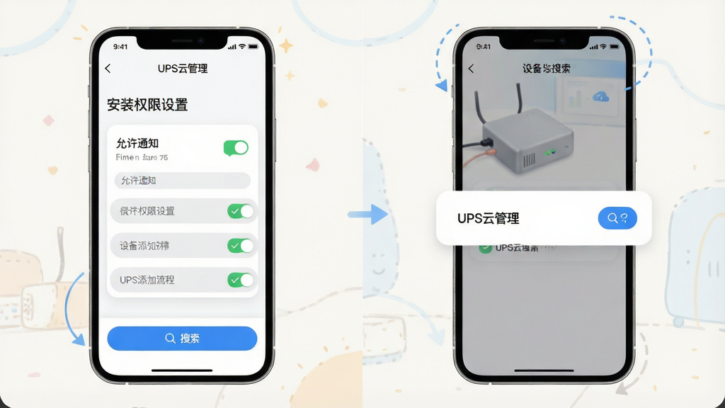 UPS云管理新手操作示意图,主体为手机屏幕展示安装权限设置界面与设备添加流程,布局为左右分屏左侧为权限开关列表右侧为设备搜索动画,排版为步骤式引导,风格为清新浅色系插画风格,细节包括绿色对勾图标、灰色权限条目、蓝色搜索按钮、白色背景、圆角卡片,画质为高清2K,干净无多余元素,屏幕中文字显示
