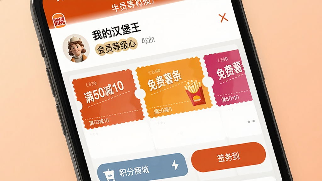 一幅展示汉堡王中国APP会员中心与优惠券页面的图片,画面中手机屏幕显示着“我的汉堡王”页面,顶部有用户头像和会员等级标识,中部排列着多张色彩鲜艳的优惠券卡片,卡片上印有“满50减10”、“免费薯条”等字样,底部有积分商城和签到按钮,背景是柔和的浅橙色渐变,整体布局清晰,图标精致,画质干净,无多余元素。