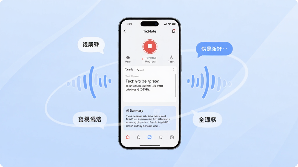 画面中央展示一部智能手机,屏幕显示TicNote应用主界面,界面中包含录音按钮、文字转写区域与AI摘要卡片,手机周围环绕声波图标与文字气泡,背景为简洁的浅蓝色渐变,整体风格现代科技感,细节清晰,画质干净,无多余元素。