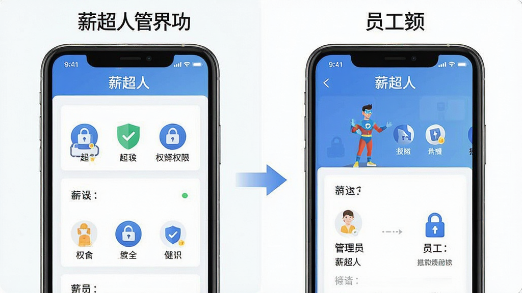 一张说明薪超人角色权限管理功能的示意图,主体为两部手机分别展示管理员界面与员工界面,布局为左右对称排列,排版清晰对比明显,风格为扁平化信息图风格,细节上屏幕中标注“薪超人”文字和权限图标,画质干净无多余元素