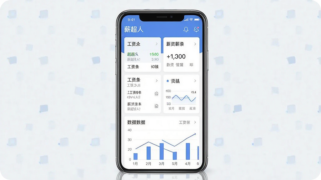 一张展示薪超人软件主界面的手机应用截图风格图片,主体是一部竖屏智能手机,屏幕中央显示薪超人薪酬管理仪表盘,包含工资条列表与数据图表,布局简洁清晰,排版为手机居中展示,风格为现代扁平化科技风,细节上屏幕内文字清晰可见包括“薪超人”字样和薪资数据卡片,画质高清干净无多余元素