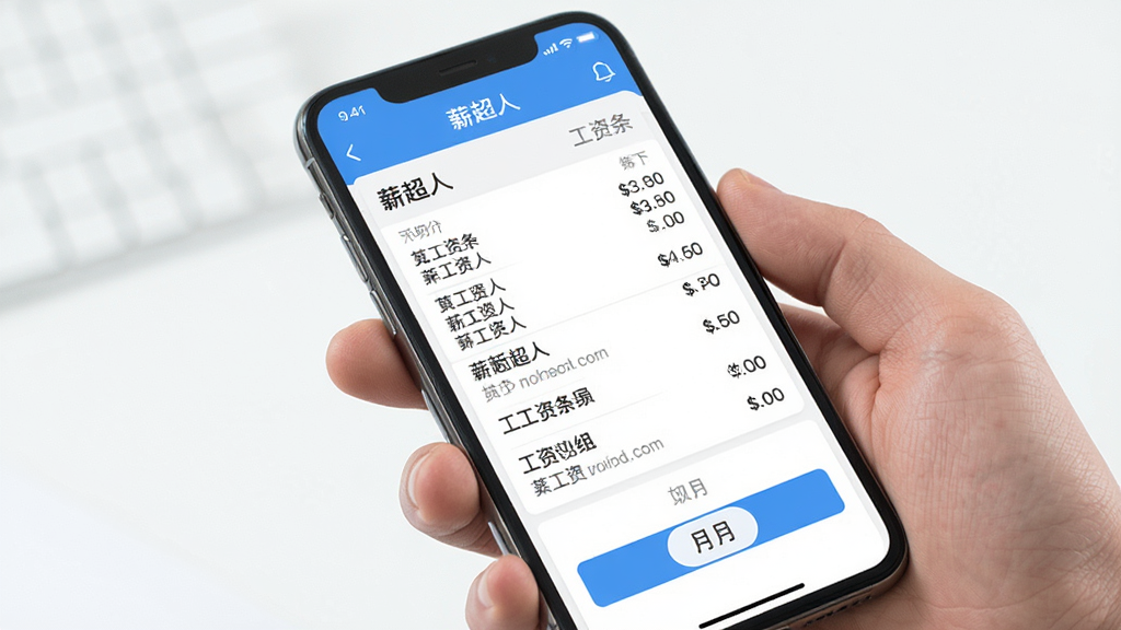 一张表现薪超人移动端工资条查询功能的场景图,主体为手持手机查看工资明细列表,布局为手机屏幕特写占据画面中心,排版突出工资条条目与月份切换按钮,风格为清新简约的UI展示风,细节上屏幕中显示“薪超人”和工资条数据,画质高清干净无多余元素