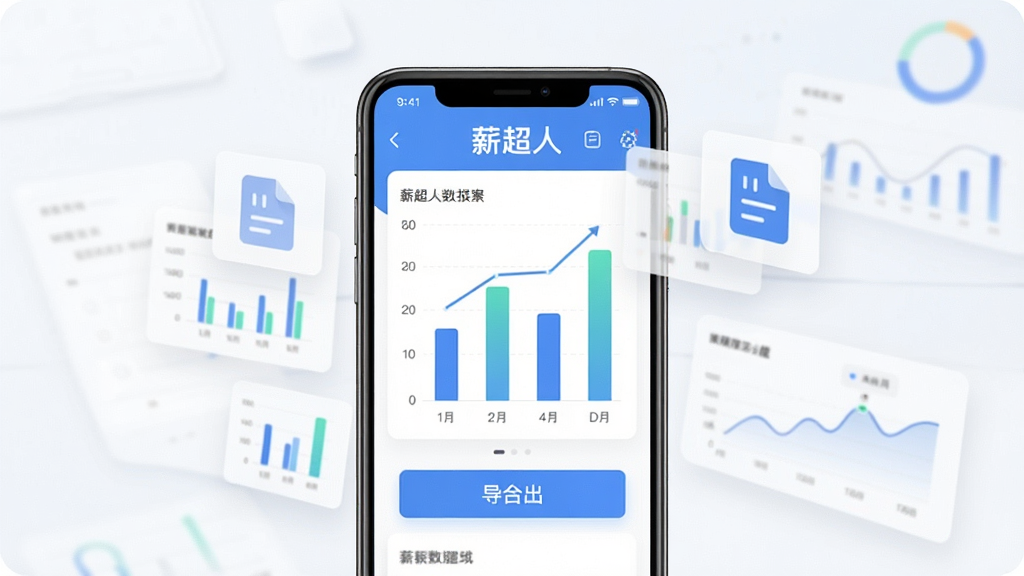 一幅展示薪超人数据报表导出功能的图片,主体为手机屏幕显示柱状图与导出按钮,布局为手机正面居中配合数据图表浮动元素,排版简洁有序,风格为现代数据可视化风格,细节上包含“薪超人”字样和报表图标,画质清晰干净无多余元素