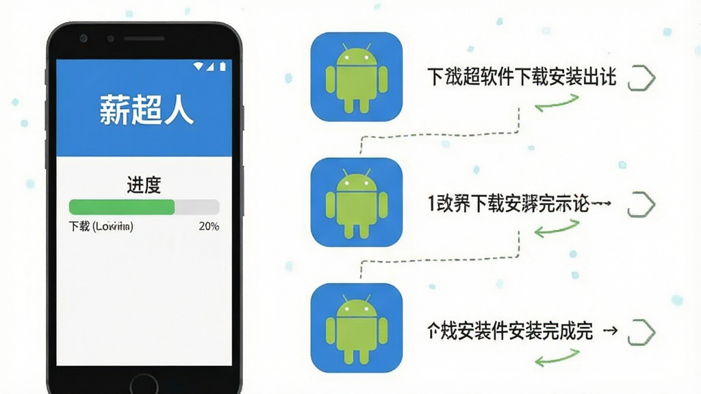 一张薪超人软件下载安装步骤示意图,主体为手机屏幕展示下载进度条与安装完成界面,布局为竖向排列的三个步骤图标,排版清晰直观,风格为扁平化步骤说明图,细节上包含“薪超人”文字和安卓机器人图标,画质干净无多余元素