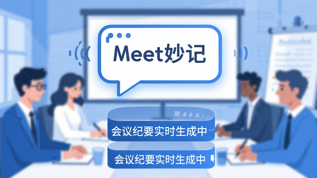 一张展示Meet妙记实时转写功能的AI生图,画面主体是一个悬浮在空中的智能语音气泡,气泡下方连接着不断滚动的文字流,文字内容显示为“会议纪要实时生成中”,背景是模糊的多人会议场景,风格为扁平化科技插画,色彩以蓝色和白色为主,画质清晰,干净简洁