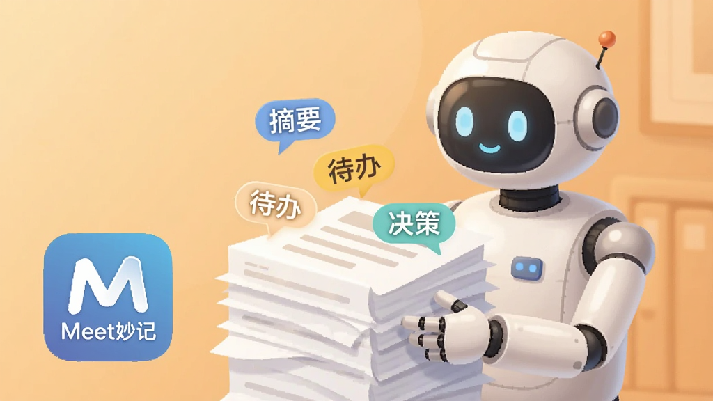 一张展示Meet妙记AI摘要功能的生图,画面主体是一个智能机器人正在整理一叠文档,文档上浮现出“摘要”、“待办”、“决策”等关键词标签,机器人旁边是“Meet妙记”的软件图标,风格为简约商务插画,色调偏暖,画质细腻,干净无杂乱背景