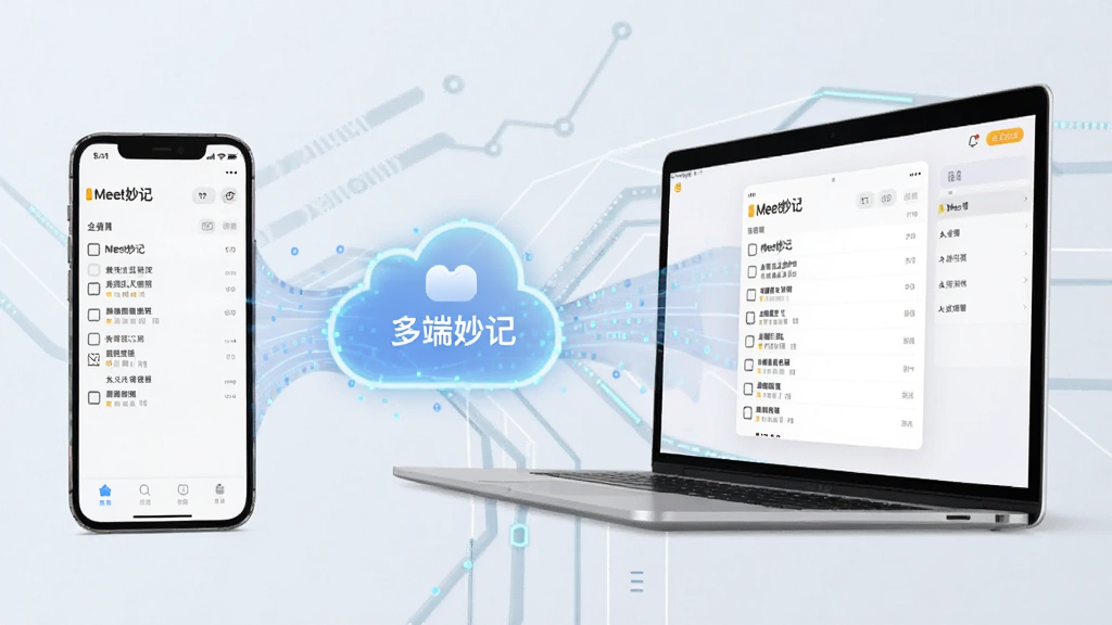 一张展示Meet妙记多端同步功能的生图,画面左侧是一部手机,右侧是一台笔记本电脑,两者之间通过一道发光的云朵形状数据流连接,手机和电脑屏幕上都显示着相同的“Meet妙记”会议列表界面,背景是科技感线条,风格现代简约,画质清晰,干净整洁