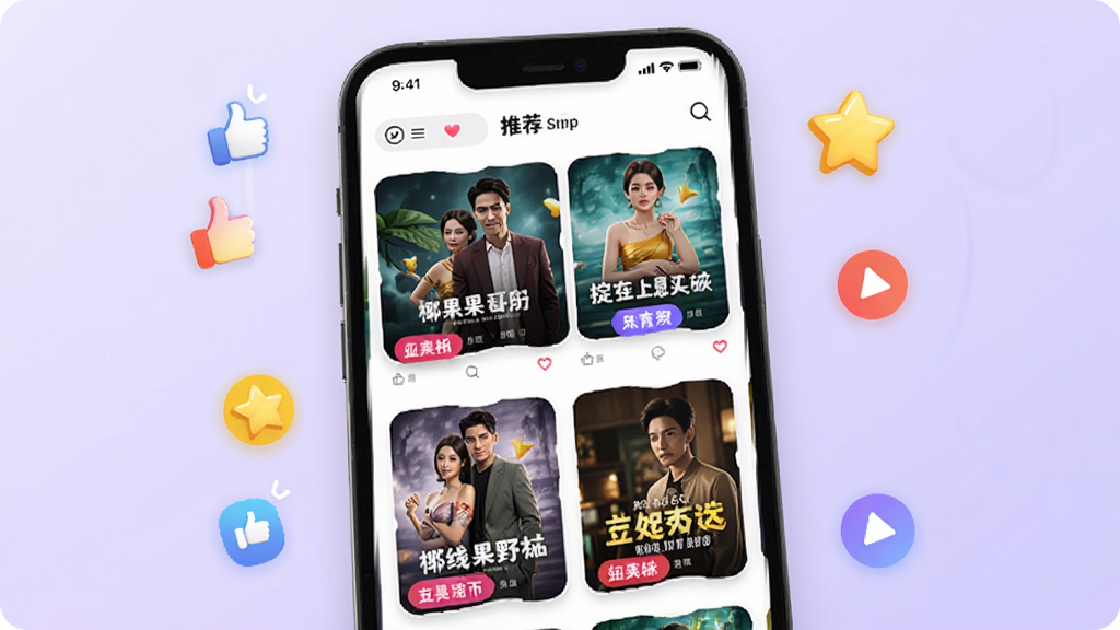 椰果APP首页推荐界面的概念图,手机屏幕上展示着多个短剧推荐卡片,卡片上有不同的剧集海报和标签文字,手机周围环绕着点赞、星星、播放按钮等小图标,背景为淡紫色渐变,风格活泼,画质干净,无多余元素