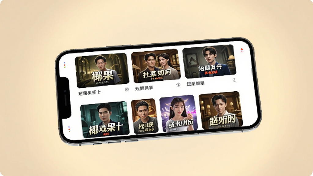 一部手机屏幕中展示椰果APP的短剧分类页面,页面上排列着多个短剧封面卡片,卡片上有不同的角色形象和剧名文字,手机悬浮在画面中央,背景为柔和的暖色调光晕,风格现代简约,细节清晰,画质干净,无多余元素