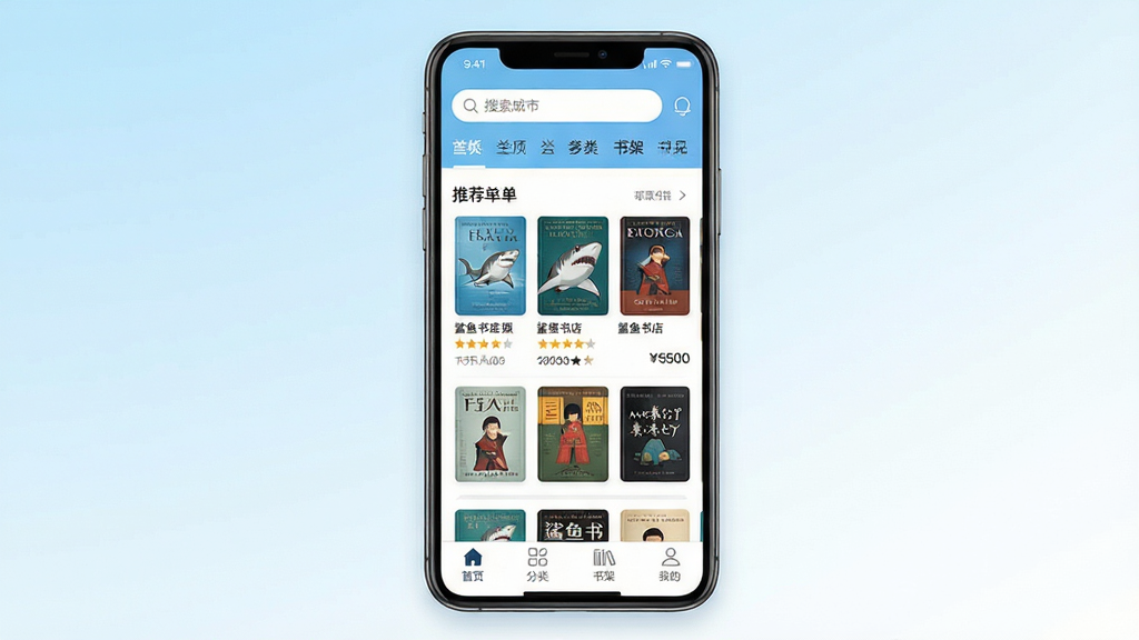 鲨鱼书店手机应用主界面展示,画面中央一部智能手机竖屏显示书城首页,顶部搜索栏与分类导航清晰可见,中部推荐书单以卡片形式纵向排列,底部导航栏包含首页、分类、书架、我的四个图标,背景为浅蓝与白色渐变,整体布局简洁有序,风格清新现代,细节包括书籍封面缩略图、评分星级、价格标签,画质清晰,画面干净,无多余元素