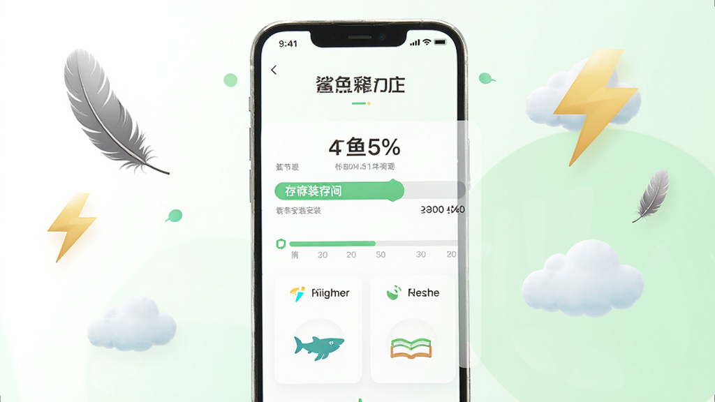 鲨鱼书店轻量运行特性展示图,画面中央一部手机显示应用安装进度条与存储占用数据,周围环绕羽毛、闪电、云朵等轻量符号,背景为白色与浅绿色,风格极简清爽,细节包括进度百分比、存储空间数值、流畅度指示图标,画质干净,构图居中,无多余元素