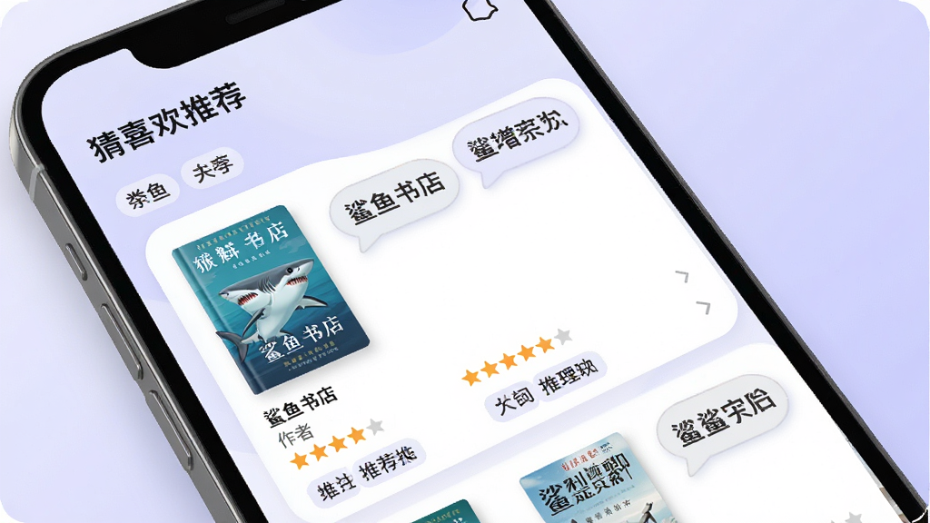 鲨鱼书店个性化推荐界面展示图,画面为手机屏幕特写,屏幕内显示猜你喜欢推荐列表,每本书配有封面、书名、作者、评分和推荐理由标签,背景为淡紫色渐变,风格柔和圆角,细节包括推荐理由气泡、星级评分、分类标签,画质清晰,画面干净,无多余元素