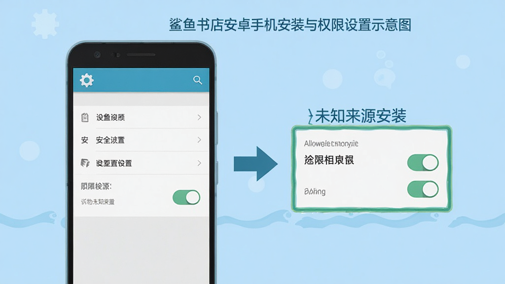 鲨鱼书店安卓手机安装与权限设置示意图,画面展示一部手机屏幕从设置菜单到允许未知来源安装的完整操作路径,界面元素包括设置图标、安全选项、权限开关按钮,背景为浅蓝色,风格扁平化,细节包括箭头指引、高亮边框、文字标签,画质清晰,画面干净,无多余元素