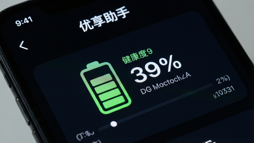 手机屏幕特写,显示“优享助手”电池检测页面,页面中央有一个大号电池图标,旁边标注健康度百分比和充电循环次数,背景为深色模式,字体清晰明亮,画质干净
